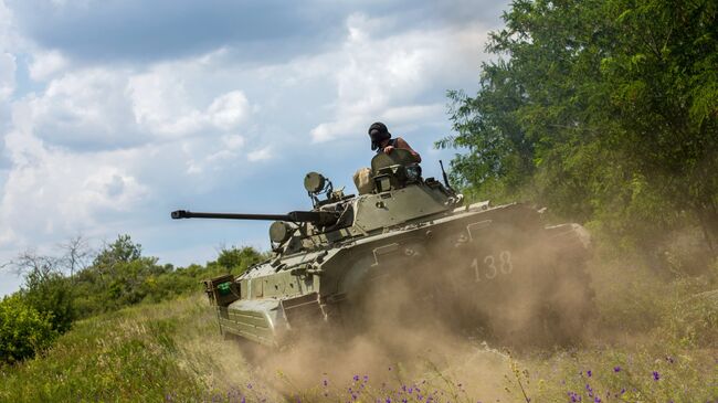 Боец ополчения на БМП во время боя за пограничный населенный пункт Кожевня  в Донецкой области. Архивное фото