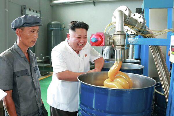 Северокорейский лидер Ким Чен Ын во время визита на завод смазочных материалов в городе Чонджи
