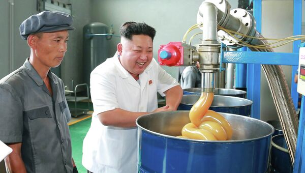 Северокорейский лидер Ким Чен Ын во время визита на завод смазочных материалов в городе Чонджи