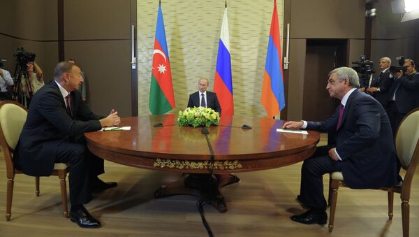 Трехсторонняя встреча В.Путина с И.Алиевым и С.Саргсяном. Архивное фото