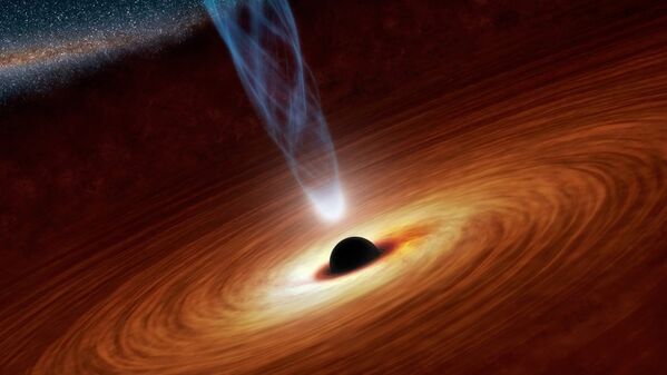 Иллюстрация художника, показывающая супермассивную черную дыру в космосе