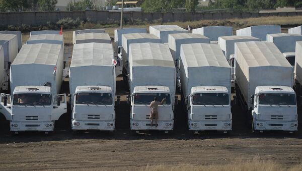 Колонна автомобилей КамАЗ с гуманитарной помощью на стоянке недалеко от города Каменск-Шахтинский Ростовской области. Архивное фото