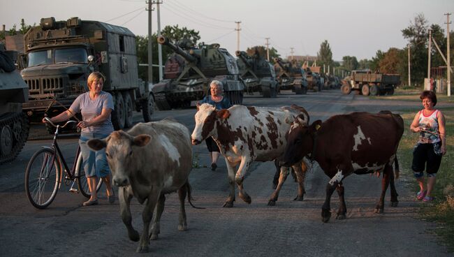 Местные жители на фоне военной техники украинской армии в городе Иловайске. Архивное фото