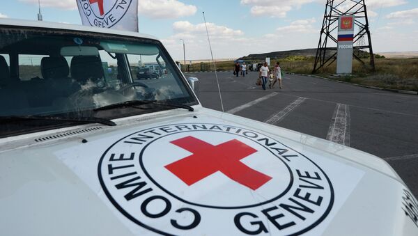 Автомобиль Красного Креста, который сопровождает колонну автомобилей КамАЗ с гуманитарной помощью для жителей юго-востока Украины, на КПП Донецк