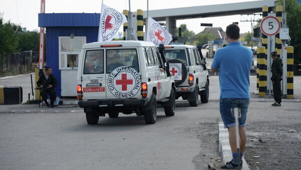 Автомобили Красного Креста и конвой с гуманитарной помощью для жителей Украины. Архивное фото