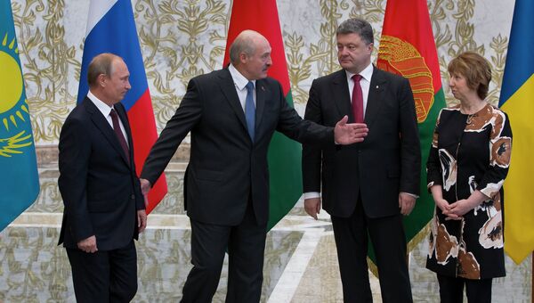 Владимир Путин, Александр Лукашенко, Петр Порошенко и Кэтрин Эштон на встрече в Минске