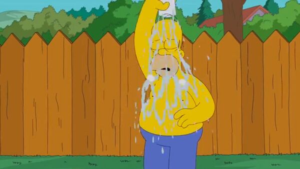 Гомер Симпсон принимает участие в акции Ice Bucket Challenge. Кадр из видео на YouTube.