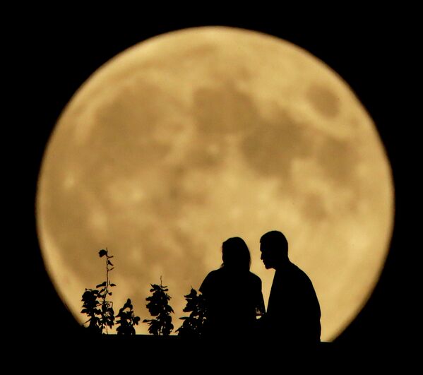 Силуэты людей на фоне луны в Канзас-Сити