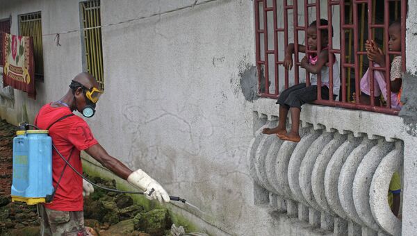 Житель Либерии обрабатывает дом химикатами в попытке предотвратить распространение вируса лихорадки Эбола. Архивное фото