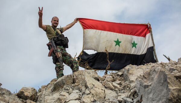 Военнослужащий правительственной армии Сирии с флагом страны на позиции войск