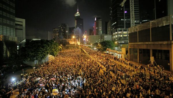 Финансовый район Гонконга во время акции протеста. Архивное фото.
