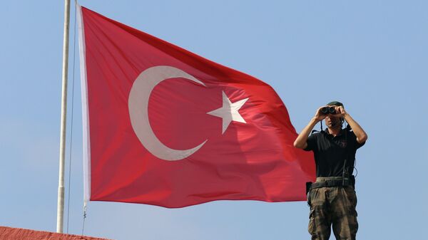 Турецкий военный на фоне флага. Архивное фото