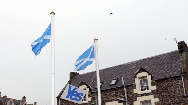 Пара шотландских флагов и агитационный плакат в Аймуте, Шотландия