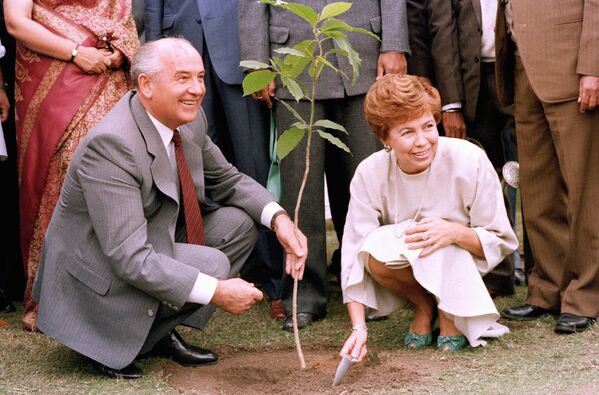 Генеральный секретарь ЦК КПСС Михаил Горбачев и супругой Раисой сажают дерево у мемориала Ганди в Дели