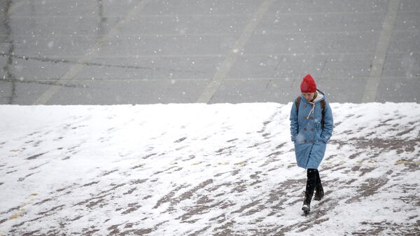 Пешеход во время снегопада. Архивное фото