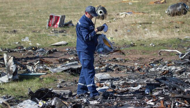 На месте крушения boeing компании Malaysia Airlines возле деревни Грабовое Донецкой области 13 октября 2014