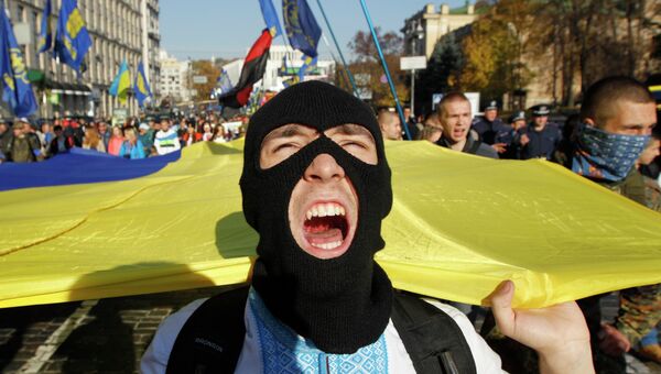 Активисты партии Свобода на митинге перед Верховной Радой Украины, в Киеве, 14 октября 2014