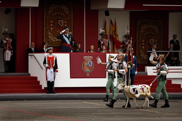 Королевская семья на военном параде наблюдает проход козы - талисмана Испанского легиона