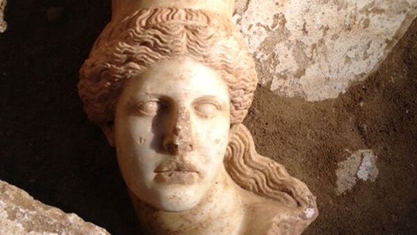 Голова сфинкса, обнаруженная в древнегреческом захоронении в Амфиполе. Архивное фото