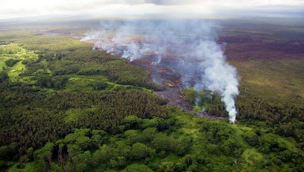 Дым от пожара, вызванного потоком лавы вулкана Килауэа, Гавайи, США