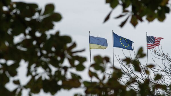 Флаги Украины, Европейского союза и Соединенных Штатов Америки. Архивное фото