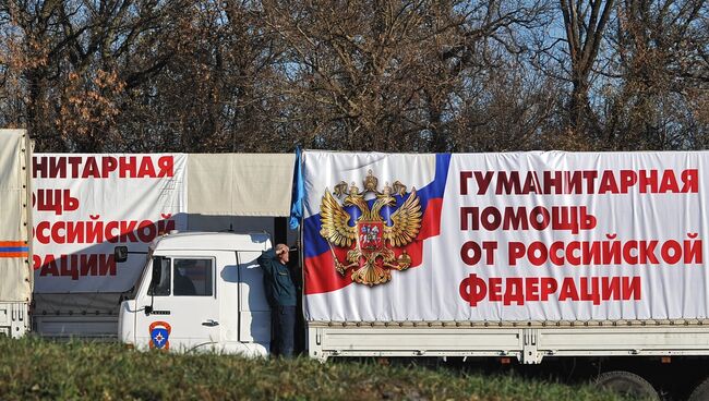 Сотрудник МЧС РФ у автомашины во время подготовки к отправке четвертой гуманитарной колонны на Юго-Восток Украины в поселке Ковалевка Ростовской области. Архивное фото