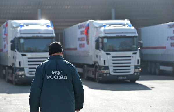 Сотрудник МЧС России у грузовиков с гуманитарной помощью в Донецке