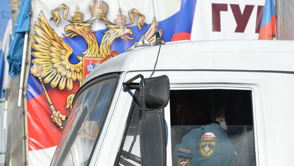 Сотрудник МЧС России в кабине грузовика с гуманитарной помощью в Донецке. Архивное фото