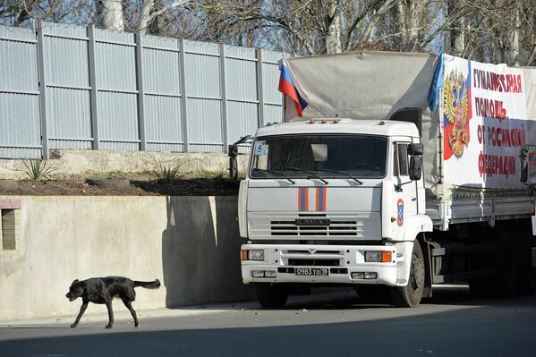 Грузовик с российской гуманитарной помощью в Донецке