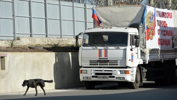 Грузовик с российской гуманитарной помощью в Донецке. Архивное фото