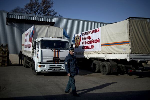 Сотрудник МЧС России во время разгрузки автомобилей с гуманитарной помощью в Луганске