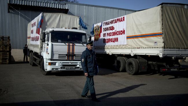 Сотрудник МЧС России во время разгрузки автомобилей с гуманитарной помощью в Луганске