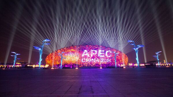 Иллюминация над стадионом Птичье гнездо в Пекине, где проходит саммит АТЭС
