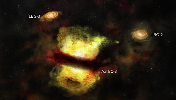 Художественное изображение слияния галактик AzTEC-3