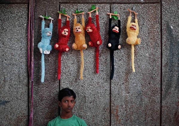 Индийский мальчик продавец мягких игрушек на улице Дели