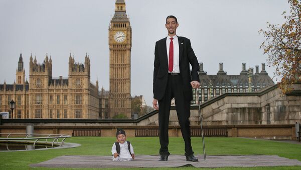Встреча самого низкого человека в мире с самым высоким человеком в мире. Лондон, 13 ноября 2014