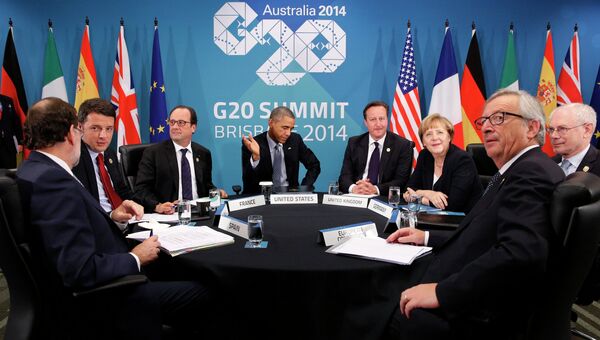 Барак Обама, Франсуа Олланд,Ангела Меркель, Дэвид Кэмерон, Маттео Ренци, Мариано Рахой, Херман ван Ромпей, Жан Клод Юнкер перед встречей по Украине 16 ноября 2014 года