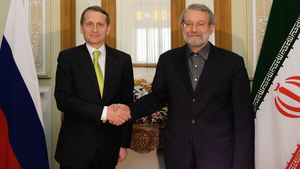 Председатель Государственной Думы РФ Сергей Нарышкин и председатель парламента Ирана Али Лариджани во время встречи в Тегеране. Архивное фото