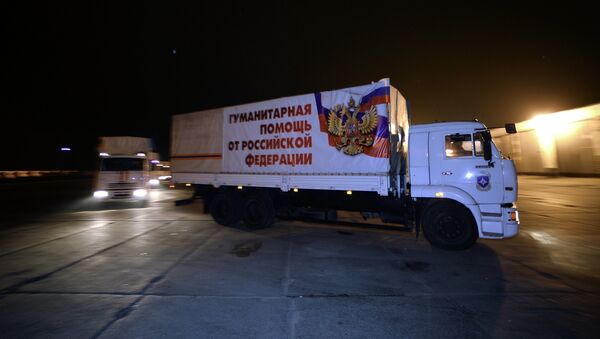 Сотрудники МЧС РФ во время подготовки к отправке восьмой автомобильной колонны с гуманитарным грузом для жителей Донбасса