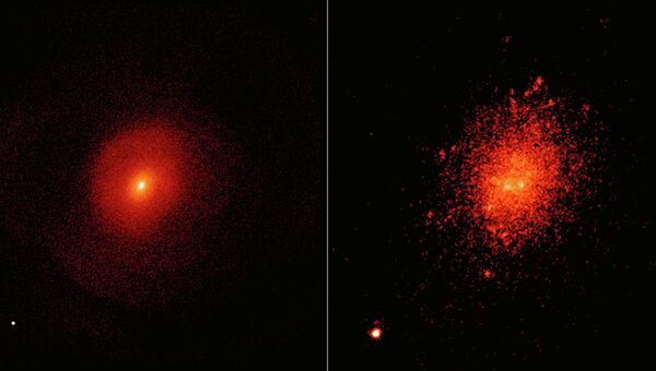 Моделирование столкновения двух галактик. Слева показано, как их объединеные сверхмассивные черные дыры могут образовать огромную черную дыру (точка в нижнем левом углу) на широкой орбите.