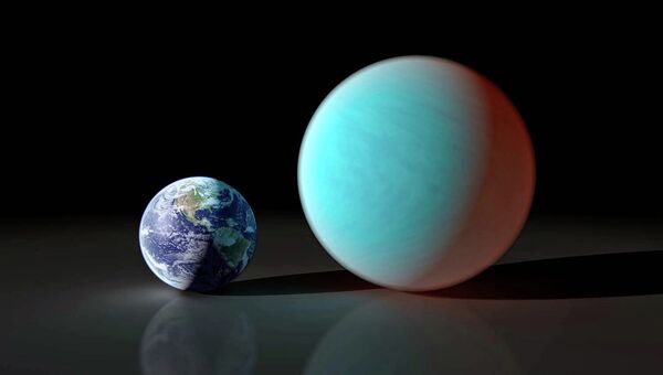 Художественное изображение Земли и экзопланеты 55 Рака e