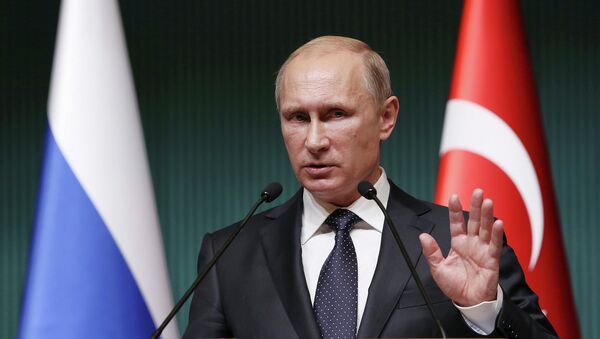 Президент России Владимир Путин во время выступления в Президентском дворце Анкары