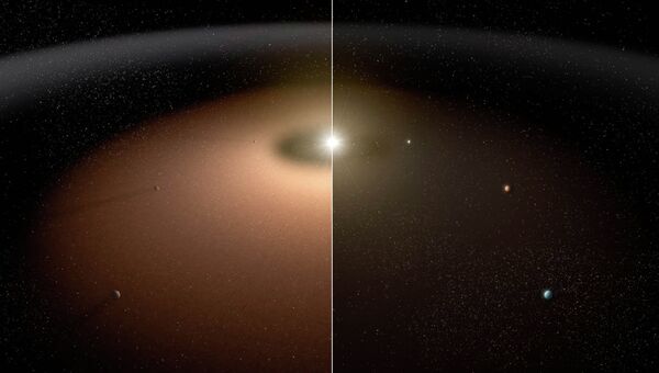 Художественное сравнение - пыль в Солнечной системе (слева) в сравнении пылью в другой звездной системе