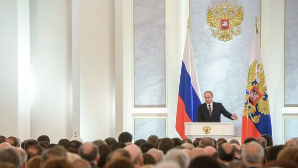 Президент России Владимир Путин во время оглашения ежегодного послания президента Российской Федерации Федеральному Собранию. Архивное фото