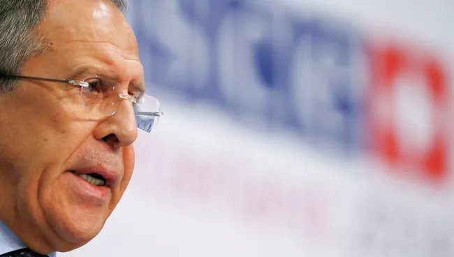 Министр иностранных дел России Сергей Лавров во время выступления в штаб-квартире ОБСЕ в Базеле