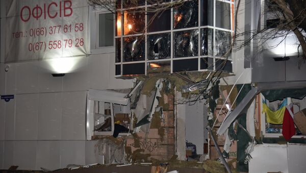 Разрушенное в результате взрыва здание офиса общественной организации Волонтерская сотня Далии Северин в Одессе