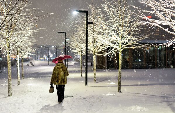 Женщина с зонтом идет по парку Музеон во время снегопада в Москве