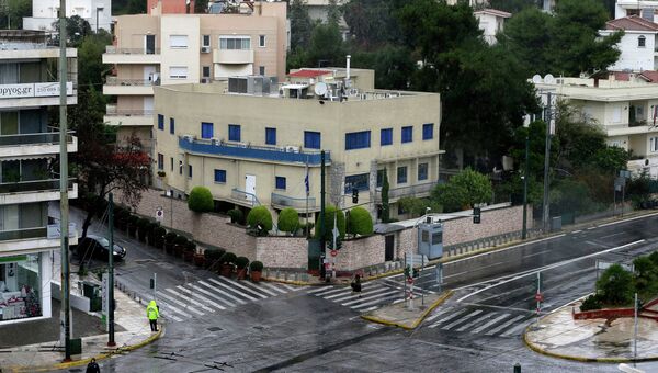 Здание посольства Израиля в Афинах, обстрелянного 12 декабря 2014 года