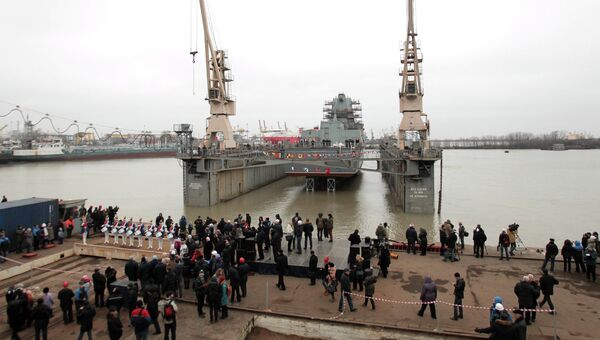 Спуск на воду фрегата Адмирал флота Касатонов в Санкт-Петербурге