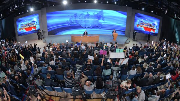 Десятая ежегодная большая пресс-конференция президента России Владимира Путина. Архивное фото